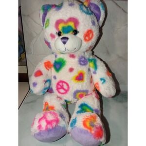 BAB Build A Bear White Teddy Bear Peace Sign And Hearts 18" Plush 2013